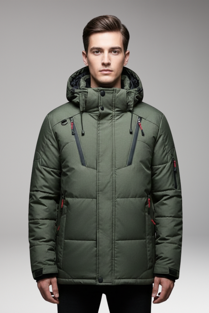 Men's Parka Jacket with Adjustable Hood and Zipper Closure