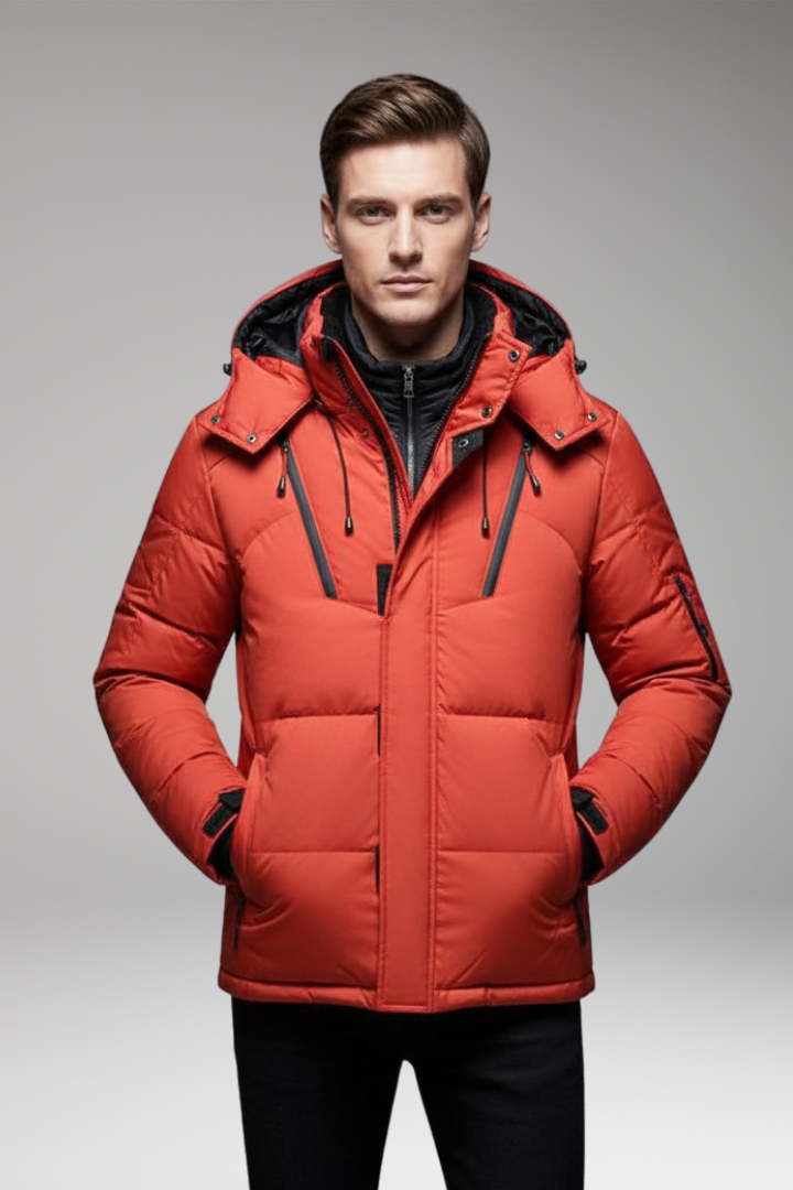 Men's Parka Jacket with Adjustable Hood and Zipper Closure