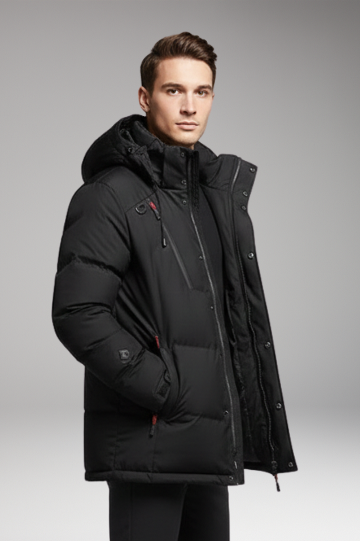 Men's Parka Jacket with Adjustable Hood and Zipper Closure
