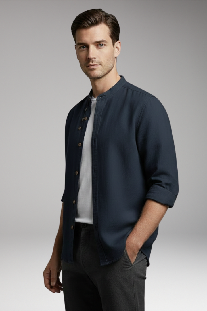 Men's Shirt with Stand Collar and Button Front