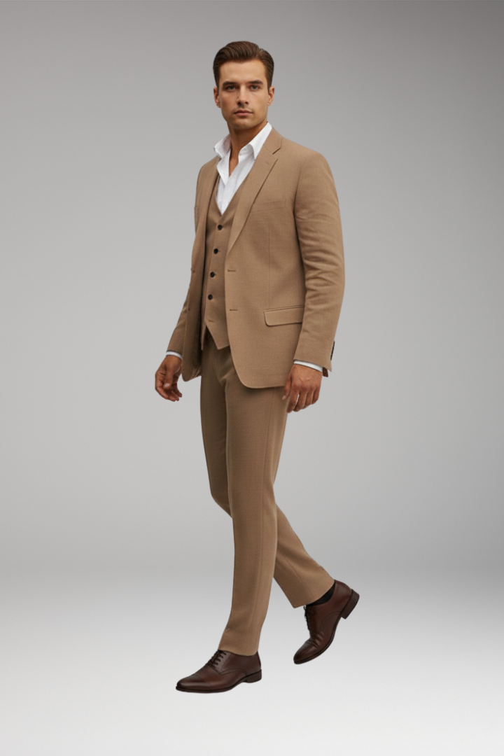 Men's Three-Piece Suit with Buttoned Jacket and Waistcoat