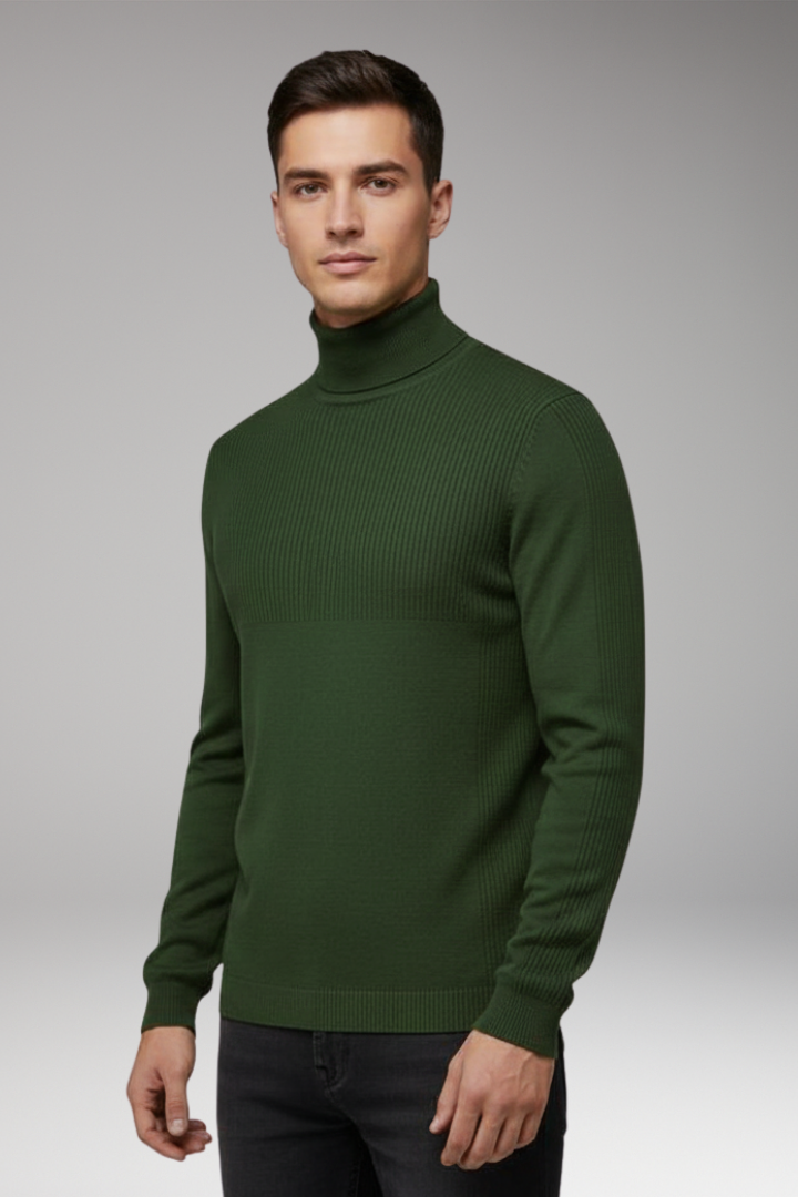 Men's Turtleneck Pullover with Ribbed Cuffs and Straight Hem