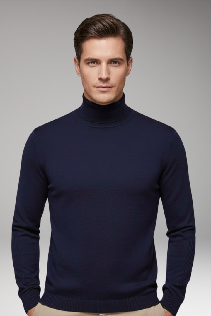 Men's Turtleneck Pullover with Ribbed Cuffs and Straight Hem