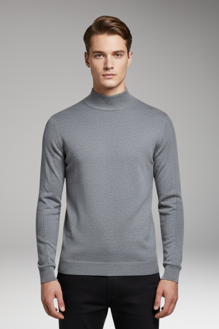 Men's Turtleneck Pullover with Ribbed Cuffs and Straight Hem
