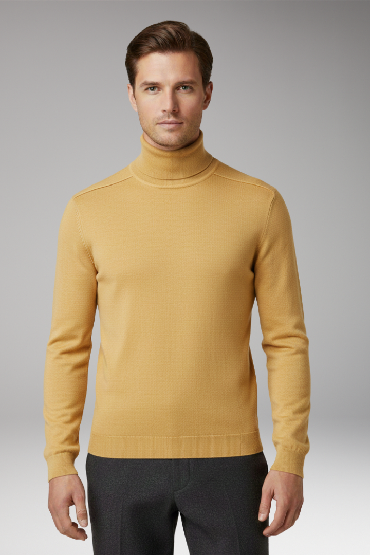 Men's Turtleneck Pullover with Ribbed Cuffs and Straight Hem