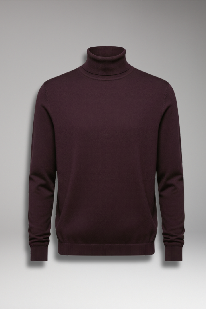 Men's Turtleneck Pullover with Ribbed Cuffs and Straight Hem