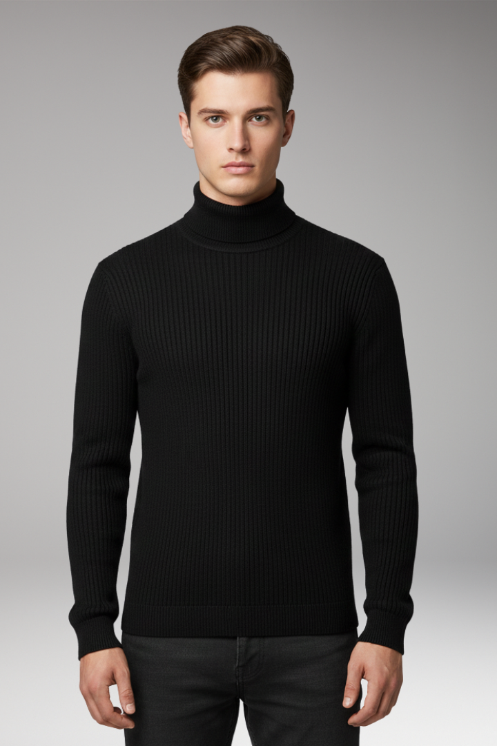 Men's Turtleneck Pullover with Ribbed Cuffs and Straight Hem