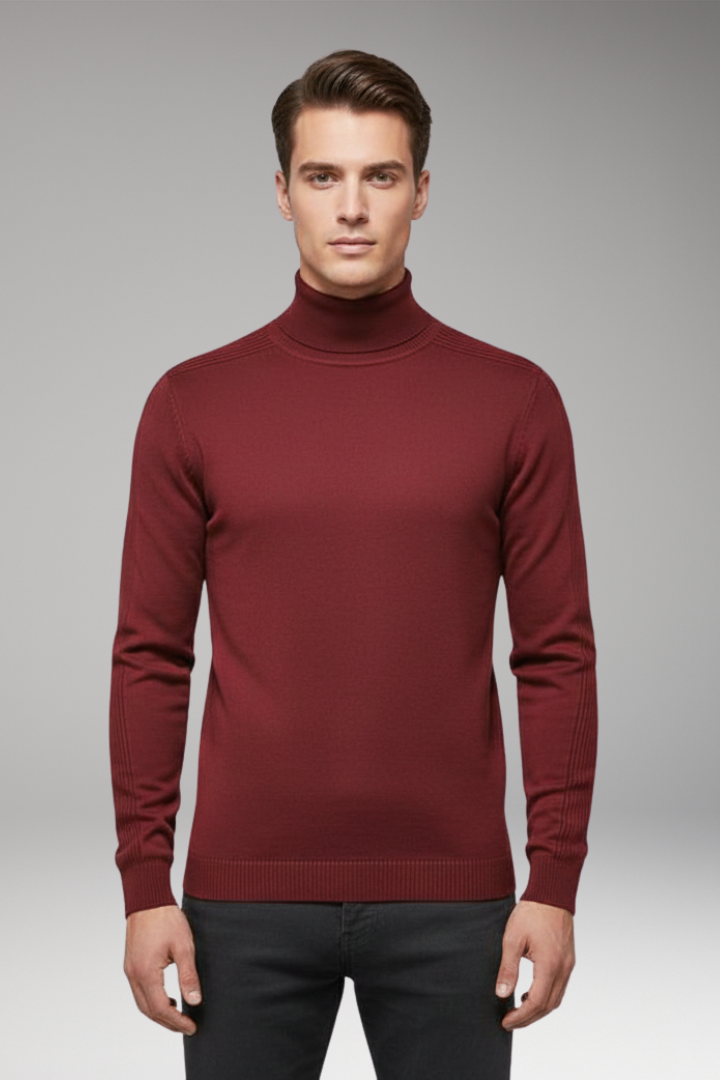 Men's Turtleneck Pullover with Ribbed Cuffs and Straight Hem