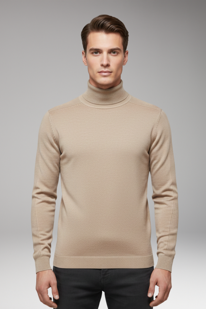 Men's Turtleneck Pullover with Ribbed Cuffs and Straight Hem