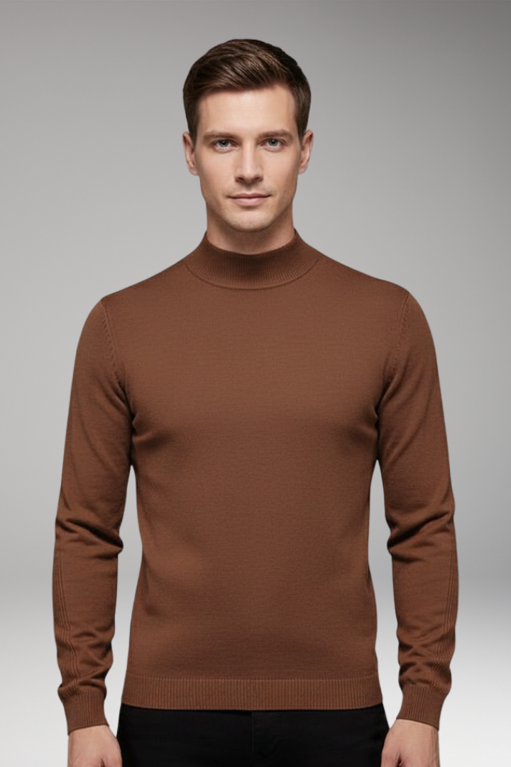 Men's Turtleneck Pullover with Ribbed Cuffs and Straight Hem
