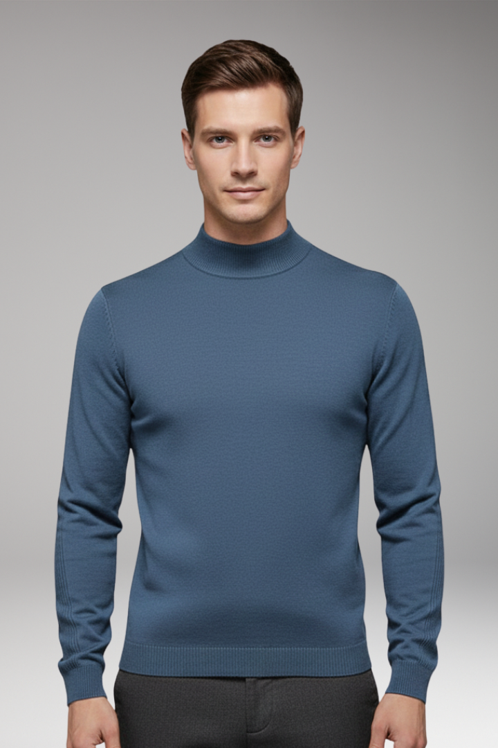 Men's Turtleneck Pullover with Ribbed Cuffs and Straight Hem