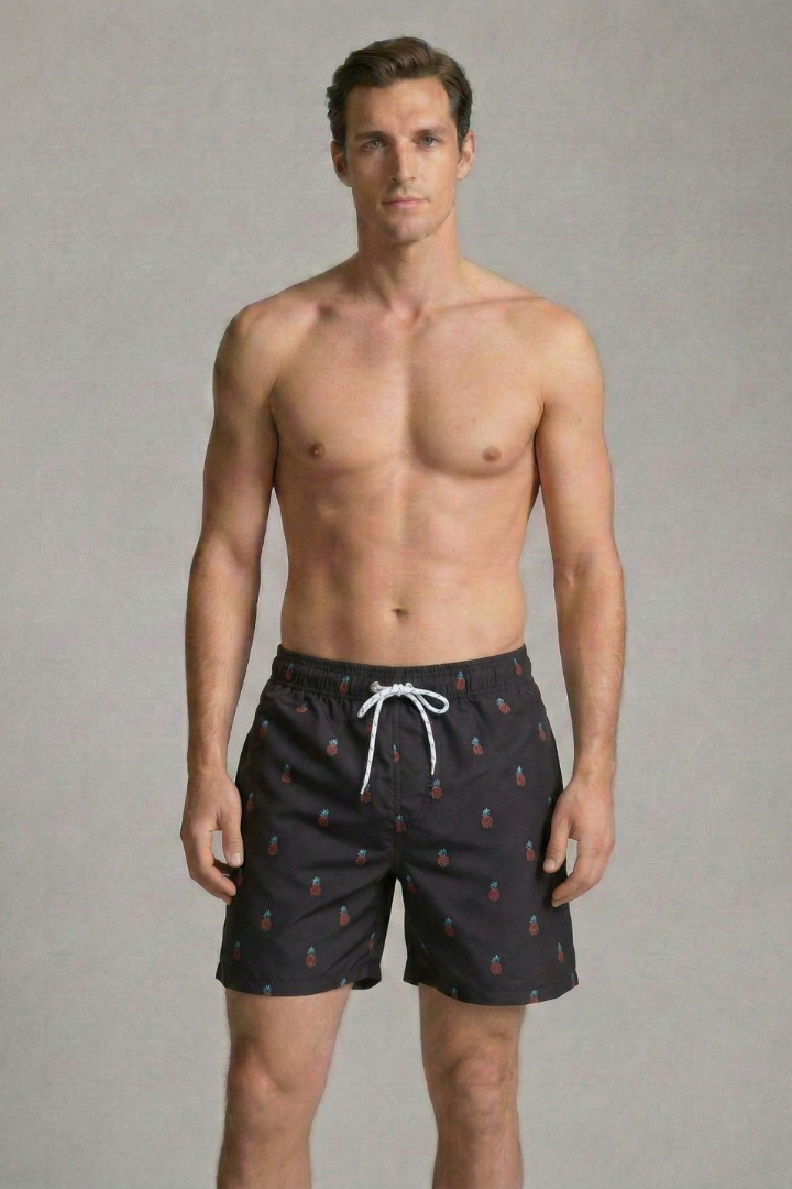 Men's Swim Shorts with Fruit Print and Elastic Waistband