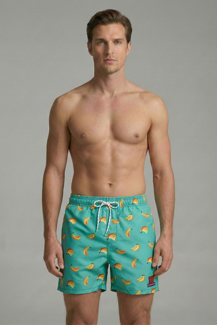 Men's Swim Shorts with Fruit Print and Elastic Waistband