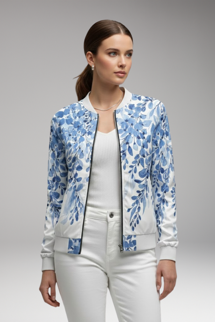 Women's Floral Bomber Jacket with Zip and Ribbed Hem