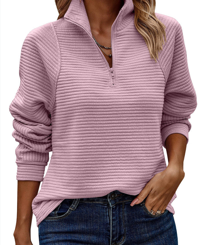 Women's Quarter-Zip Fleece Pullover with Ribbed Texture