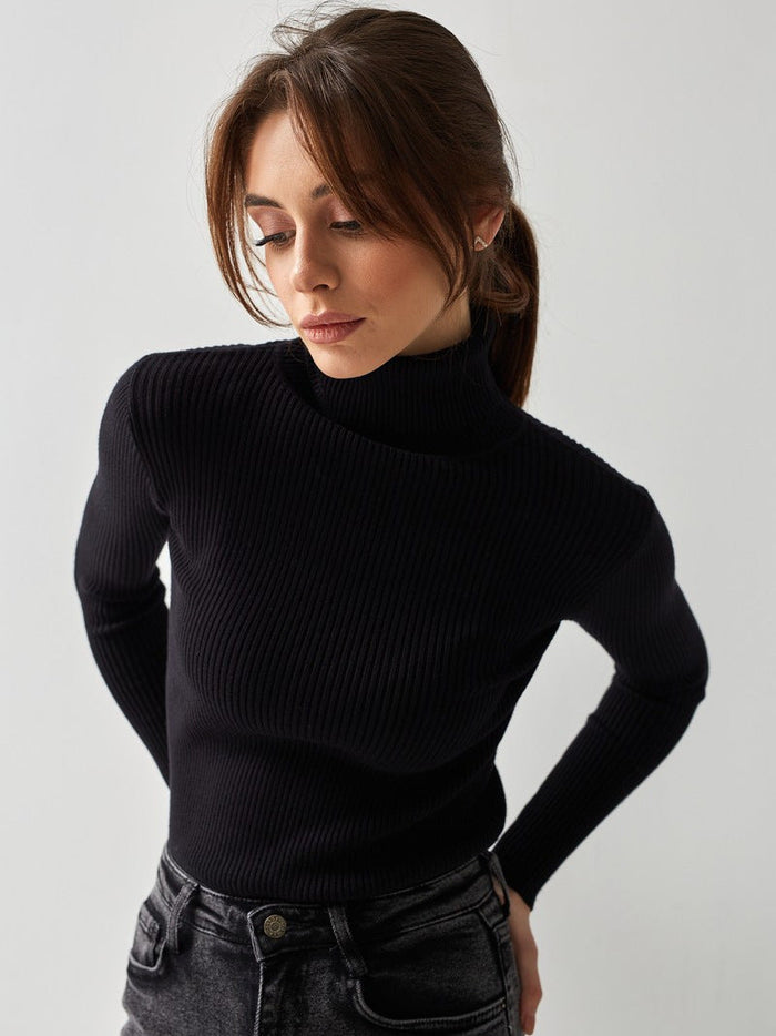 Women's Ribbed Turtleneck Sweater with Thumbhole Cuffs