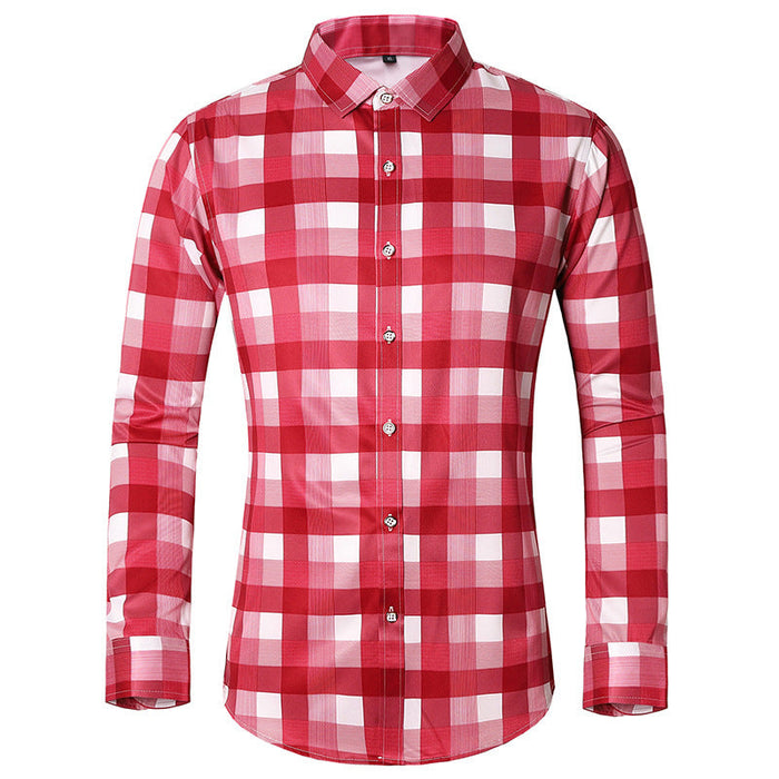 Men's Red Plaid Shirt with Spread Collar and Button Front