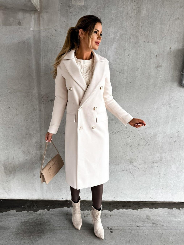 Women's Double-Breasted Longline Coat with Notch Lapel