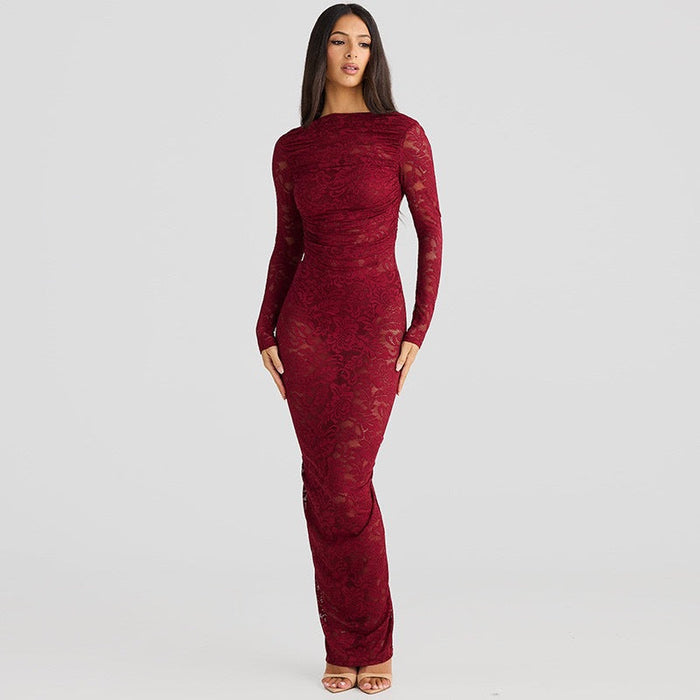 Women's Long Sleeve Lace Maxi Dress with Open Back