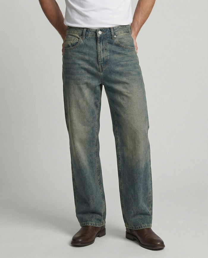 Men's Straight Leg Vintage Wash Jeans with 5-Pocket Design