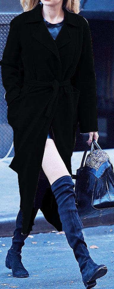 Women's Belted Wrap Coat with Notched Lapel Collar