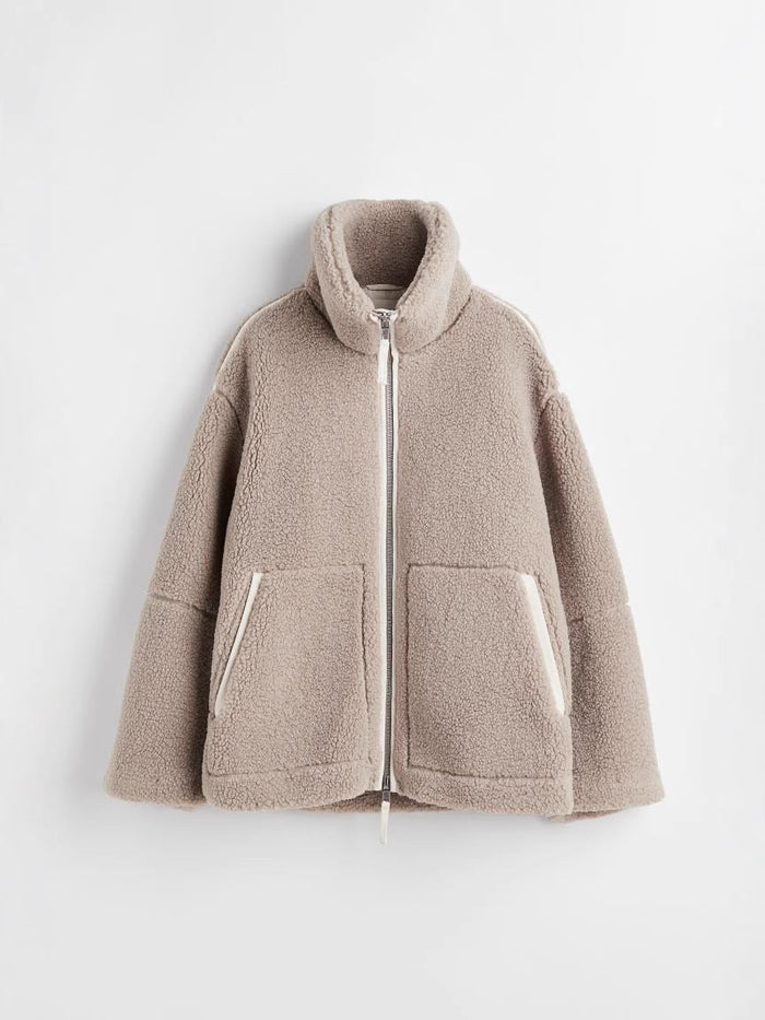 Women's Oversized Teddy Jacket with Full Zip and Stand Collar