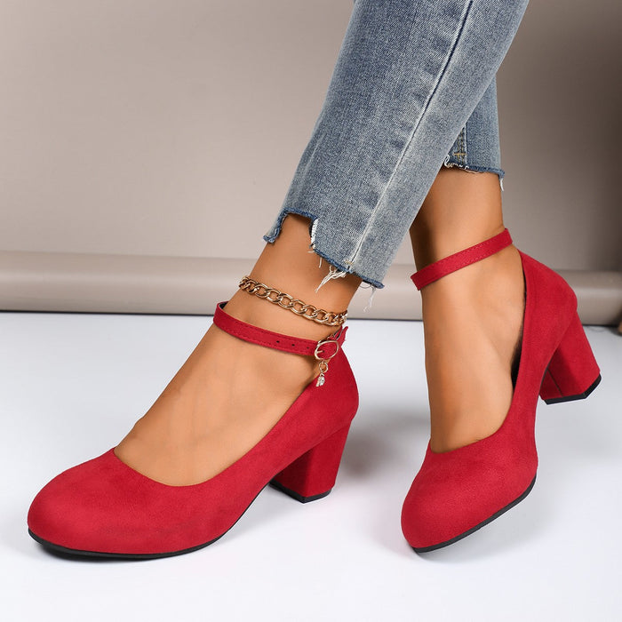 Women's Block Heel Pumps with Ankle Strap Closed Toe