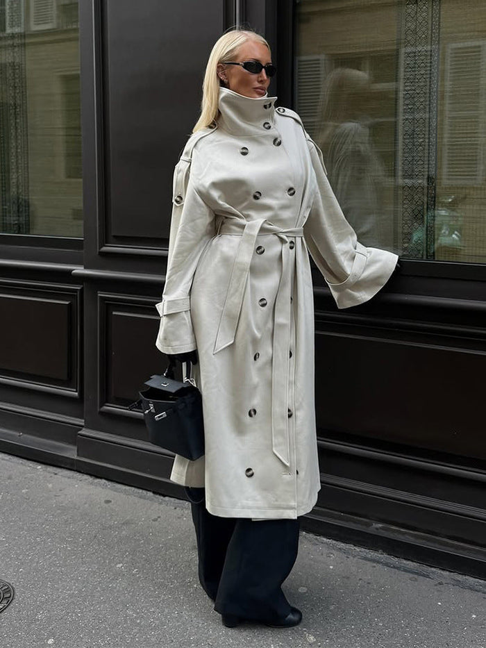 Women's Belted Trench Coat with High Collar and Button Front