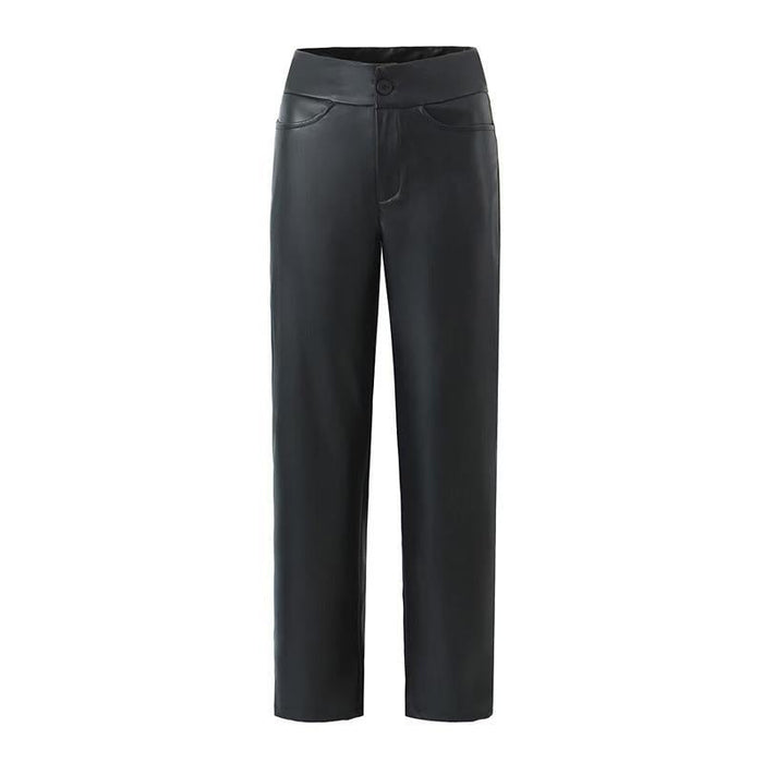 Women's Coated Straight-Leg Trousers with Button Closure