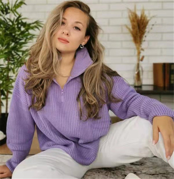 Women's High-Neck Half-Zip Cropped Sweater Oversized Fit