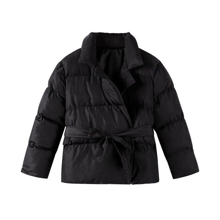 Women's Belted Quilted Puffer Jacket with Wide Collar