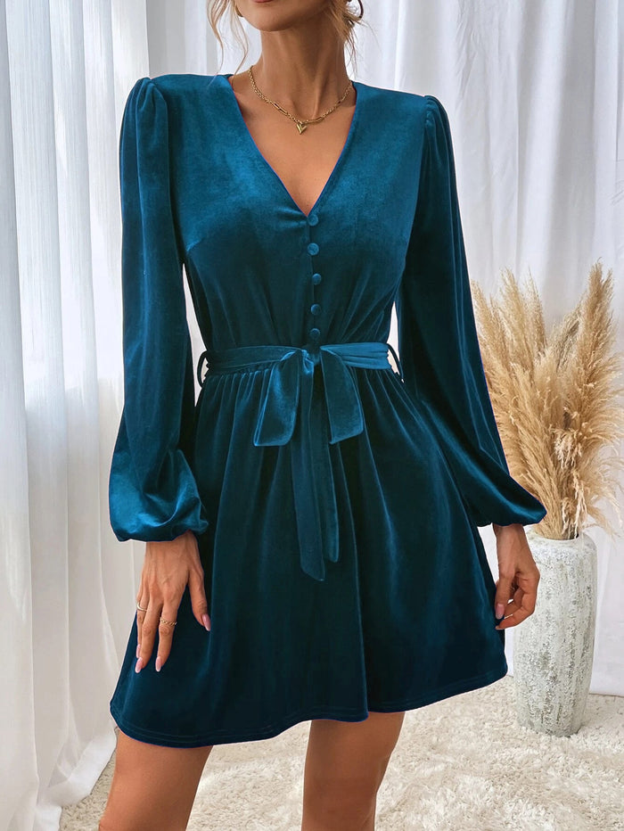 Women's Bishop Sleeve Mini Dress with Button Front and Tie Waist