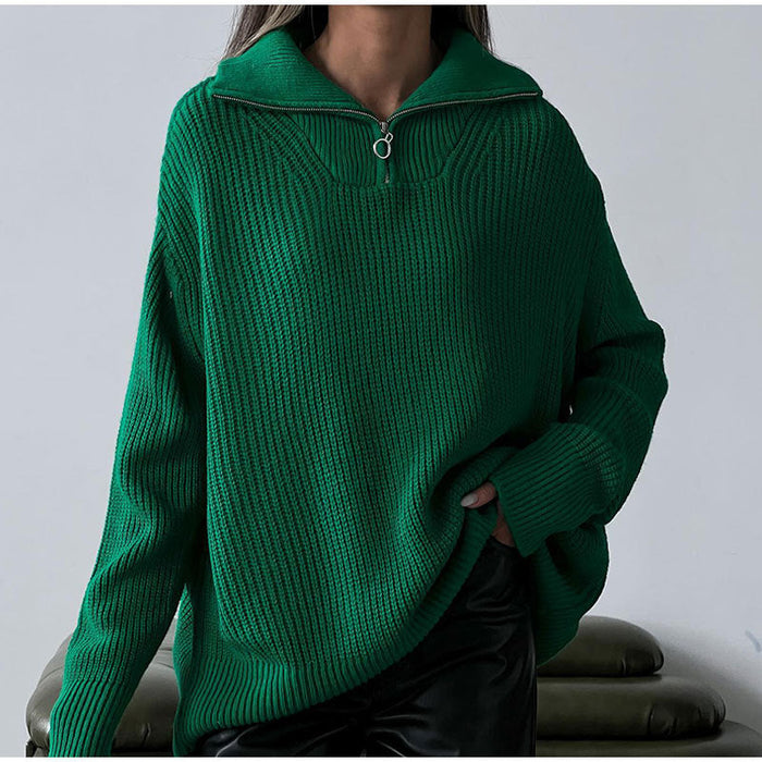 Women's Half-Zip Oversized Sweater with Ribbed Cuffs
