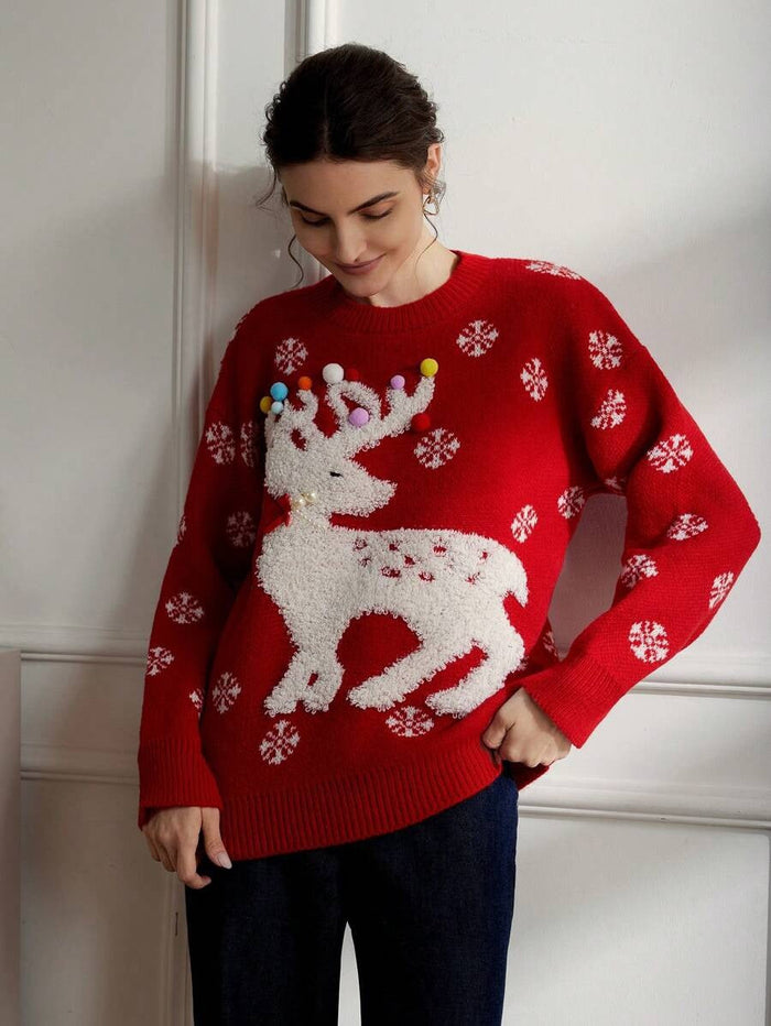 Women's Christmas Jumper 3D Reindeer Red Festive Holiday