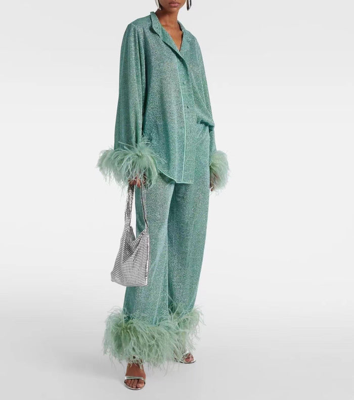Women's Feather-Trim Long Sleeve Top and Pants Set