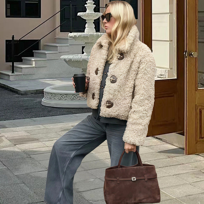 Women's Cropped Teddy Jacket with Button Front Detail