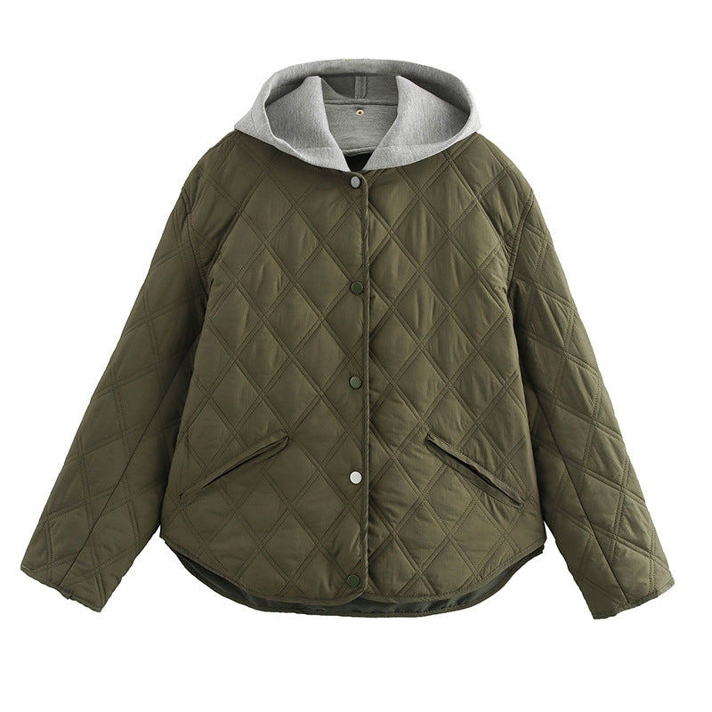 Women's Quilted Jacket with Detachable Hood and Snap Front