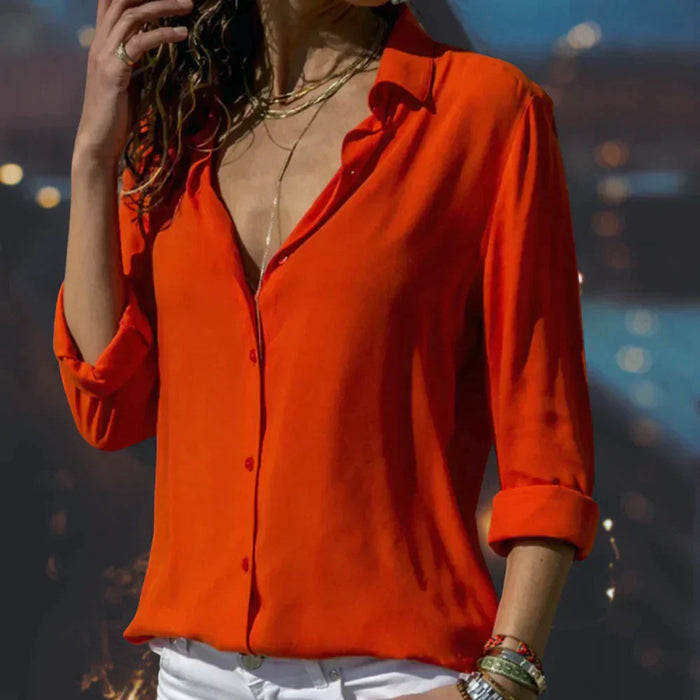 Women's Button-Front Satin Blouse with Long Sleeves