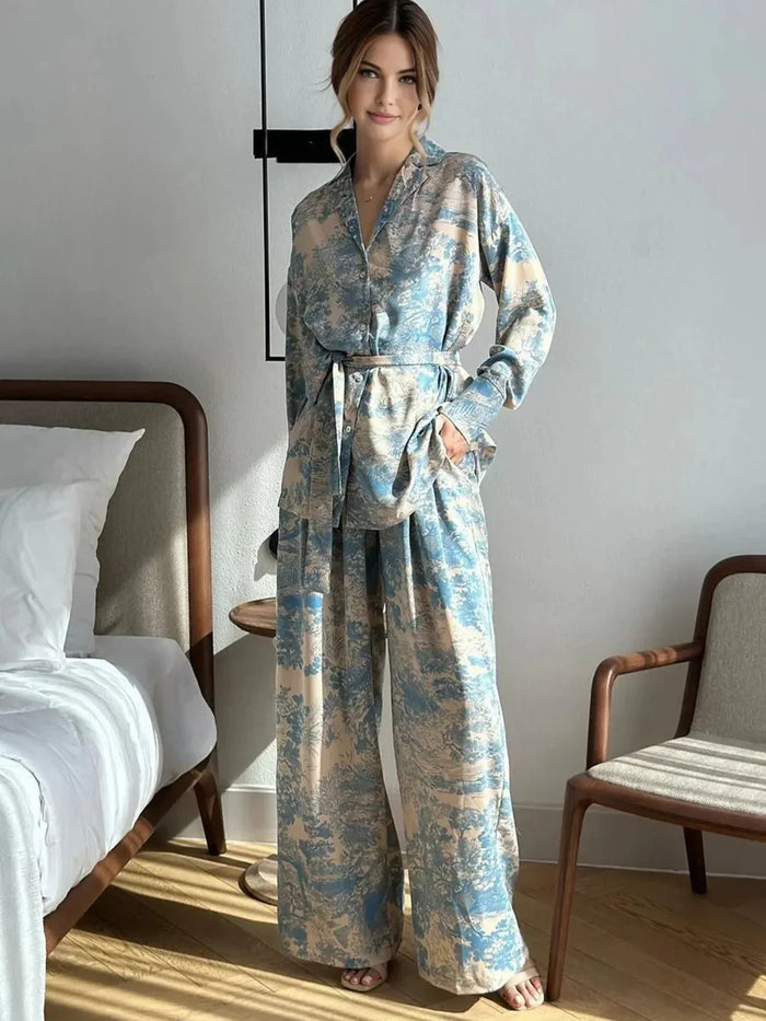 Women's Printed Two-Piece Set Shirt and Wide-Leg Pants