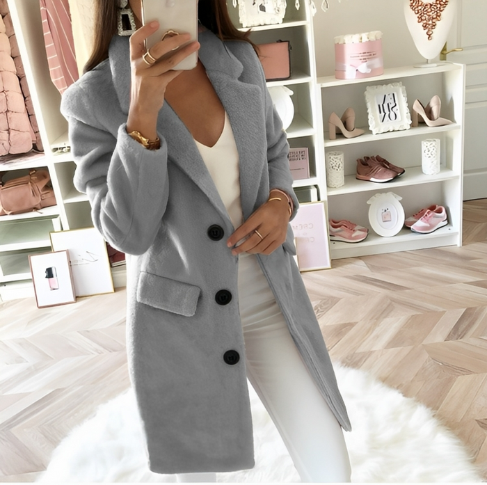 Women's Double-Breasted Long Coat with Notch Lapels