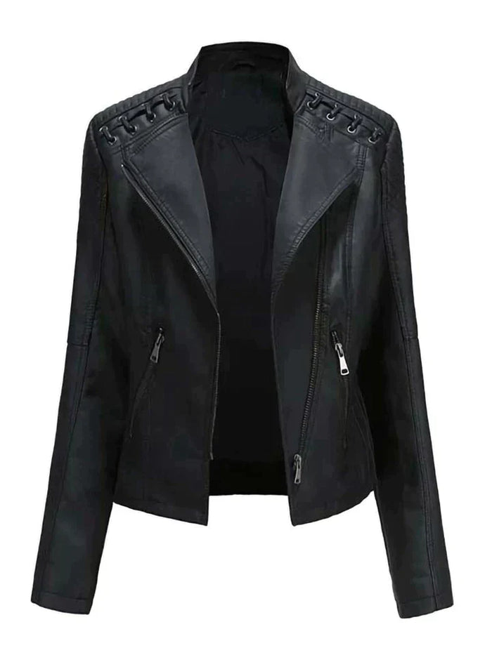 Women's Lace-Up Shoulder Biker Jacket with Zipper Front