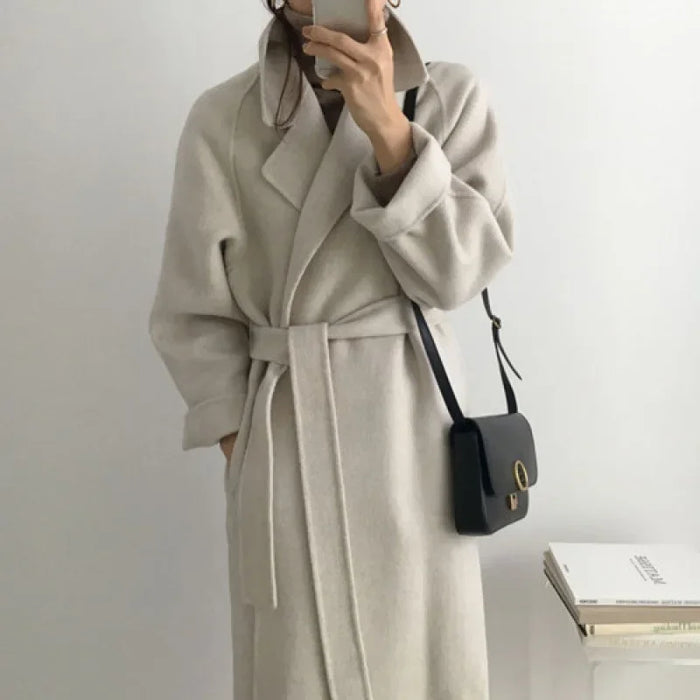Women's Long Belted Coat with Wide Lapel Collar
