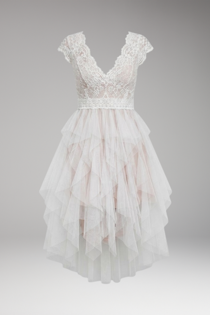 Women's Asymmetrical V-Neck Mesh Dress with Flowy Skirt