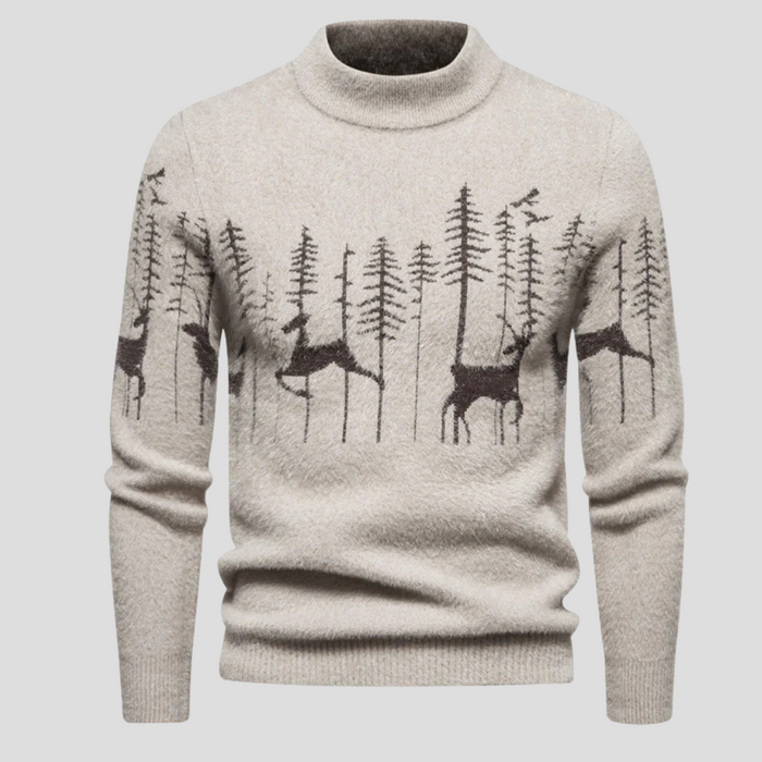 Men's Turtleneck Sweater with Forest and Wildlife Pattern