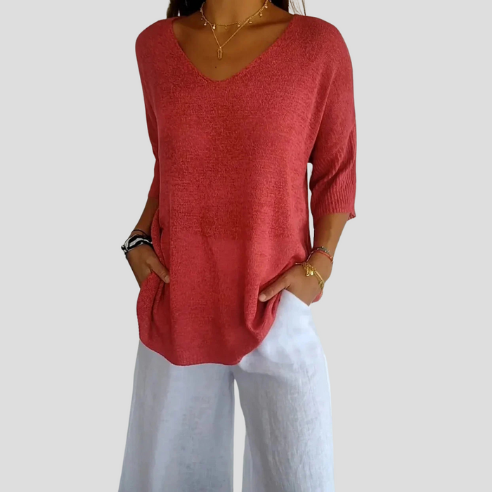 Women's V-Neck Knit Top with Short Sleeves for Casual Wear