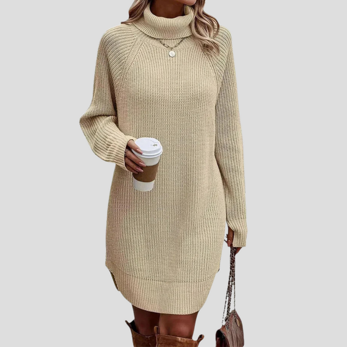 Women's Turtleneck Sweater Dress with Ribbed Sleeves