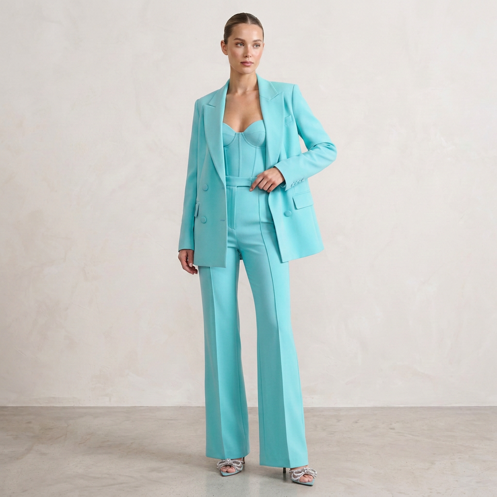 Women's Three-Piece Suit Set with Blazer Corset Top and Flared Trousers