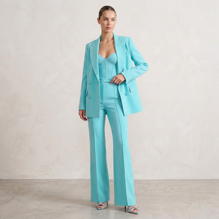 Women's Three-Piece Suit Set with Blazer Corset Top and Flared Trousers