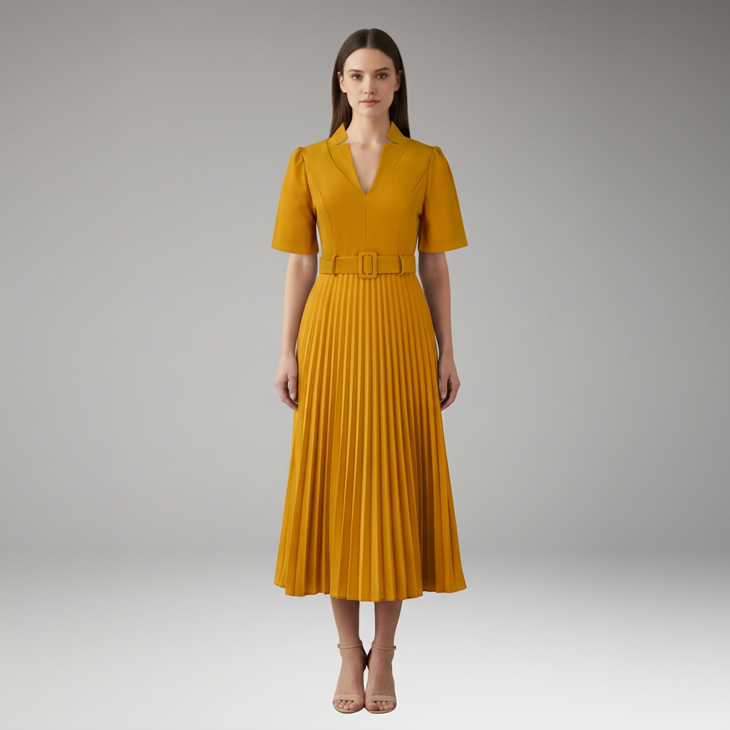 Women's Knee-Length Pleated Dress with High Waist and V-Neck
