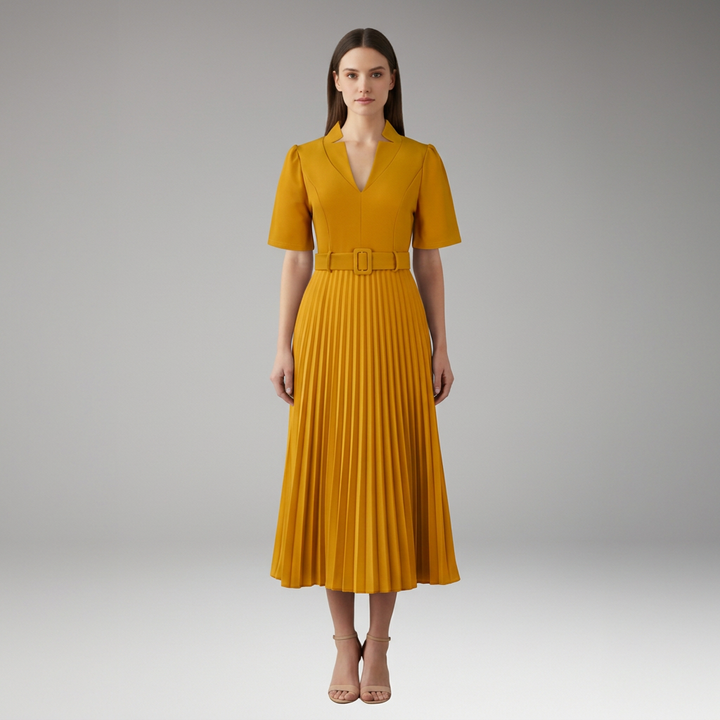 Women's Knee-Length Pleated Dress with High Waist and V-Neck